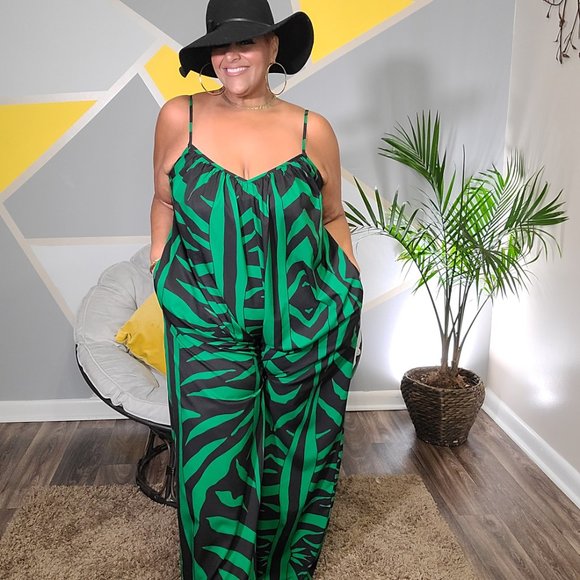 Green Animal Print Jumpsuit - Picture 1 of 3